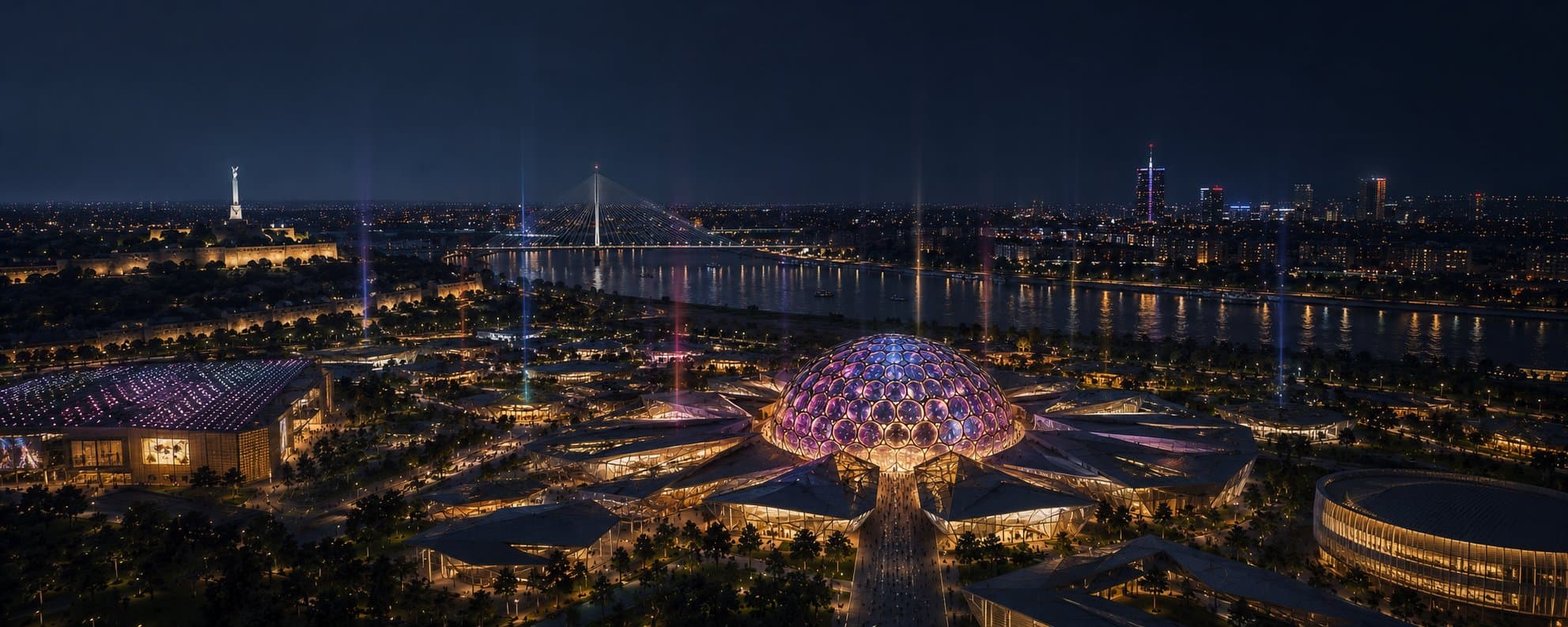 The Expo 2027 Belgrade site illuminated at night